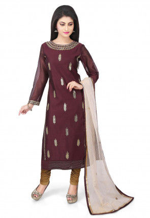 Hand Embroidered Chanderi Cotton Straight Suit in Brown