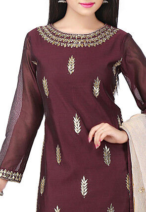 Hand Embroidered Chanderi Cotton Straight Suit in Brown