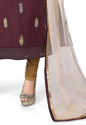 Hand Embroidered Chanderi Cotton Straight Suit in Brown
