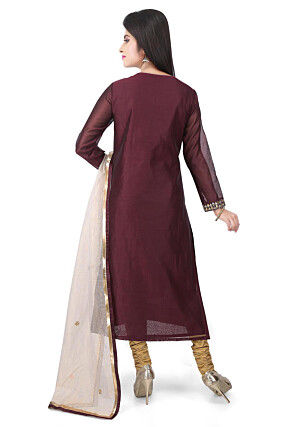 Hand Embroidered Chanderi Cotton Straight Suit in Brown
