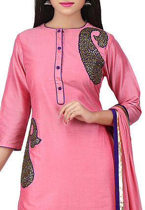 Embroidered Cotton Silk Straight Suit in Pink