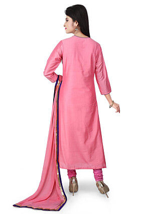 Embroidered Cotton Silk Straight Suit in Pink
