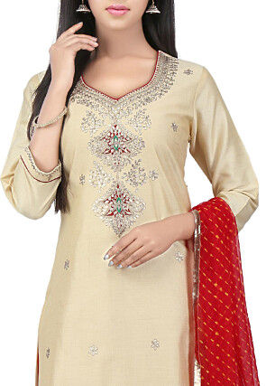 Hand Embroidered Cotton Silk Straight Suit in Light Beige
