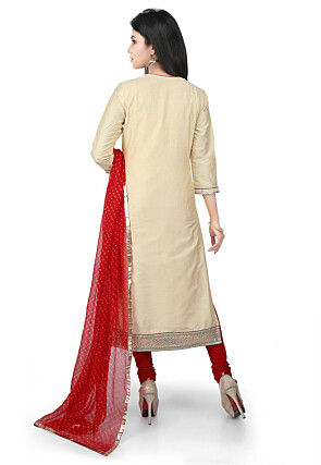 Hand Embroidered Cotton Silk Straight Suit in Light Beige