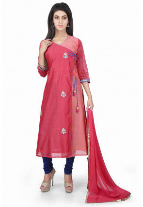 Hand Embroidered Chanderi Angrakha Style Suit Coral Pink 
