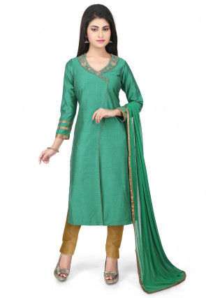 Embroidered Neckline Cotton Silk Angrakha Style Suit Green