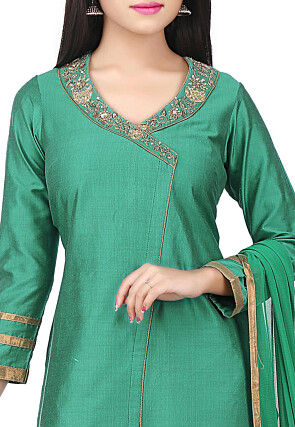 Embroidered Neckline Cotton Silk Angrakha Style Suit Green