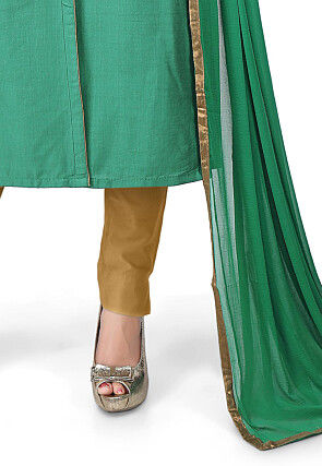 Embroidered Neckline Cotton Silk Angrakha Style Suit Green