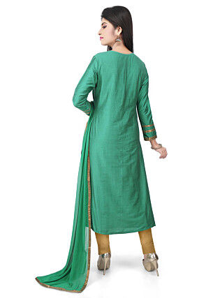 Embroidered Neckline Cotton Silk Angrakha Style Suit Green