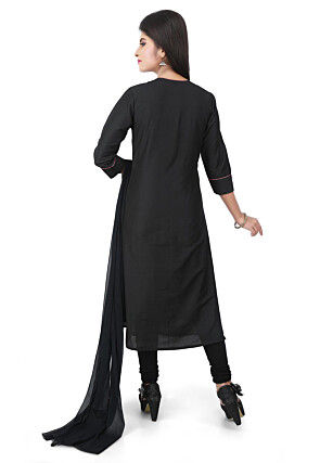 Plain Cotton Silk Straight Suit in Black