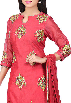 Embroidered Chanderi Cotton Straight Suit in Coral Red