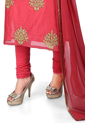 Embroidered Chanderi Cotton Straight Suit in Coral Red