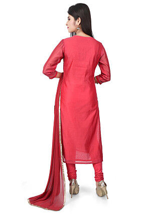 Embroidered Chanderi Cotton Straight Suit in Coral Red