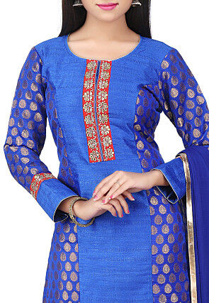 Woven Art Silk Jacquard Straight Cut Suit in Blue