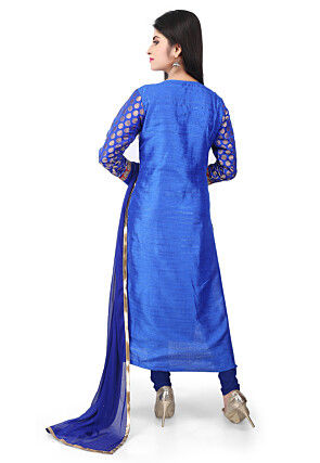 Woven Art Silk Jacquard Straight Cut Suit in Blue