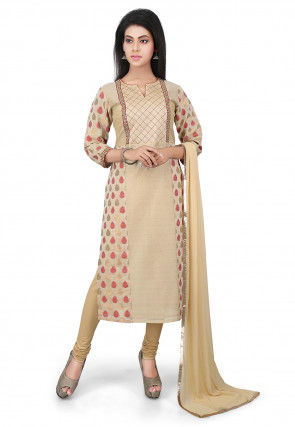 Woven Chanderi Cotton Straight Cut Suit in Beige