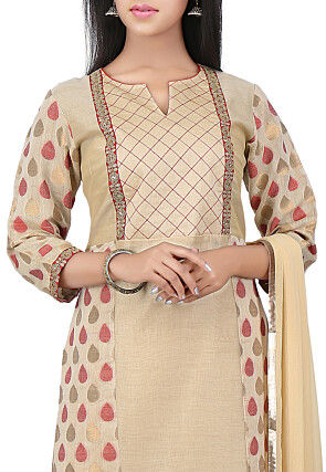 Woven Chanderi Cotton Straight Cut Suit in Beige