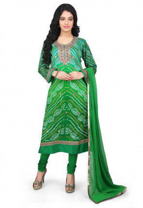 Bandhej Pure Crepe Chinon Straight Cut Suit in Green