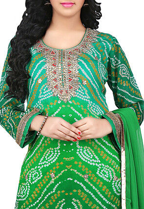 Bandhej Pure Crepe Chinon Straight Cut Suit in Green
