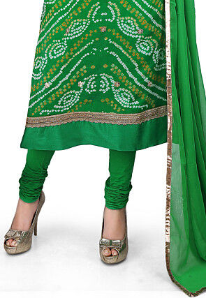 Bandhej Pure Crepe Chinon Straight Cut Suit in Green