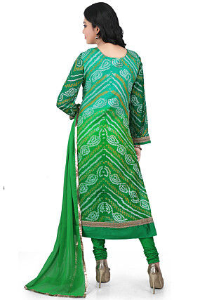 Bandhej Pure Crepe Chinon Straight Cut Suit in Green