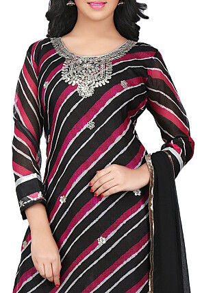 Embroidered Pure Kota Silk Straight Cut Suit in Black and Red