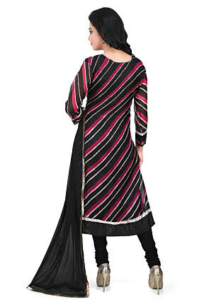 Embroidered Pure Kota Silk Straight Cut Suit in Black and Red