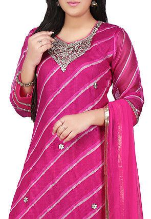 Embroidered Pure Kota Silk Straight Cut Suit in Fuchsia