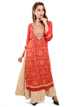 Embroidered Neckline Pure Chinon Crepe Abaya Style Suit in Red