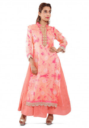Embroidered Neckline Pure Kota Silk Abaya Style Suit in Peach