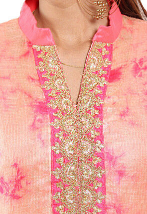 Embroidered Neckline Pure Kota Silk Abaya Style Suit in Peach