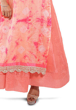 Embroidered Neckline Pure Kota Silk Abaya Style Suit in Peach