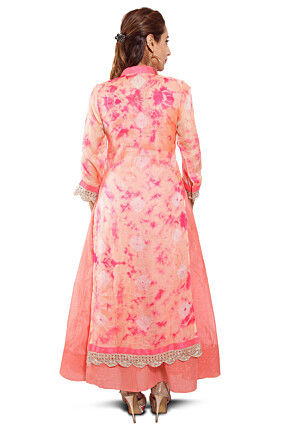 Embroidered Neckline Pure Kota Silk Abaya Style Suit in Peach