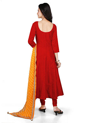 Plain Cotton Silk Anarkali Suit in Red