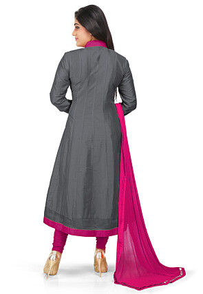 Plain Cotton Silk Angrakha Style Anarkali Suit in Grey