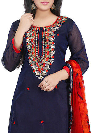 Hand Embroidered Chanderi Cotton Straight Suit in Dark Blue