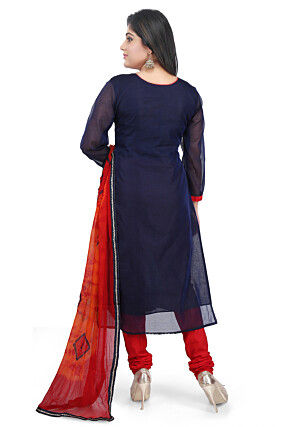 Hand Embroidered Chanderi Cotton Straight Suit in Dark Blue
