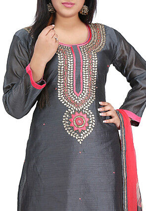 Hand Embroidered Chanderi Cotton Straight Suit in Dark Grey