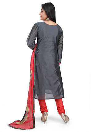 Hand Embroidered Chanderi Cotton Straight Suit in Dark Grey