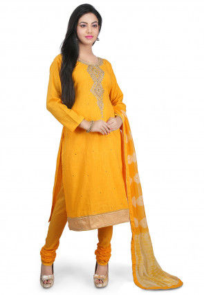 Hand Embroidered Cotton Straight Suit in Yellow