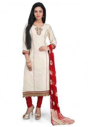 Plain Cotton Silk Straight Cut Suit in Off White