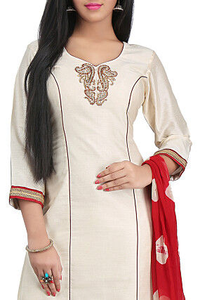 Plain Cotton Silk Straight Cut Suit in Off White