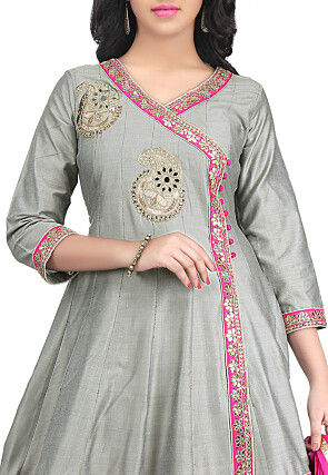Embroidered Cotton Silk Angrakha Style Suit in Grey
