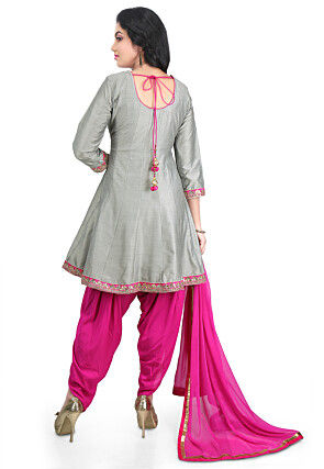 Embroidered Cotton Silk Angrakha Style Suit in Grey