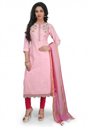 Hand Embroidered Cotton Silk Straight Suit in Light Pink