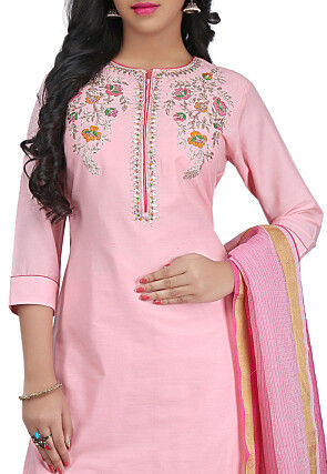 Hand Embroidered Cotton Silk Straight Suit in Light Pink
