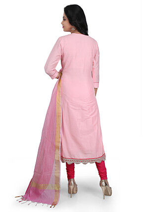 Hand Embroidered Cotton Silk Straight Suit in Light Pink