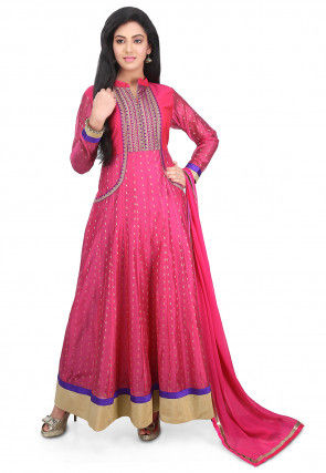 Woven Art Chanderi Silk Jacquard Abaya Style Suit in Fuchsia