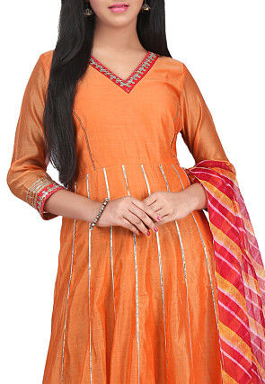 Plain Chanderi Cotton Abaya Style Suit in Orange