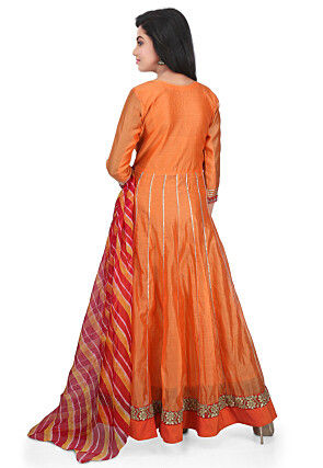 Plain Chanderi Cotton Abaya Style Suit in Orange